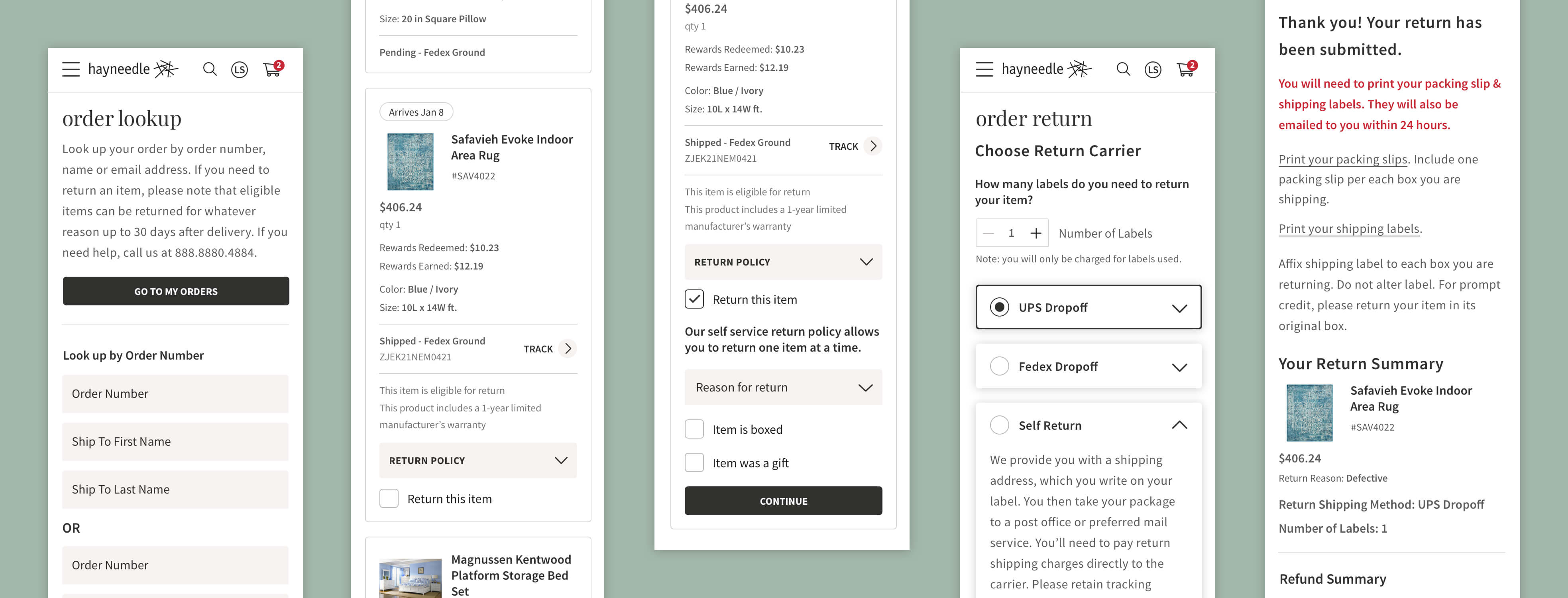 Mobile mockups of returns process